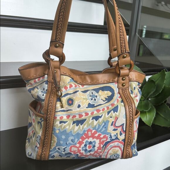 Fossil, genuine, leather, colorful canvas, shoulder handbag, purse, like new - Picture 1 of 11